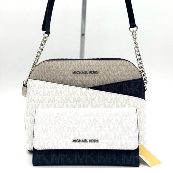 Michael Kors Medium Dome Jet Set Travel Xbody Bag & Trifold Wallet Optic White - Picture 1 of 12